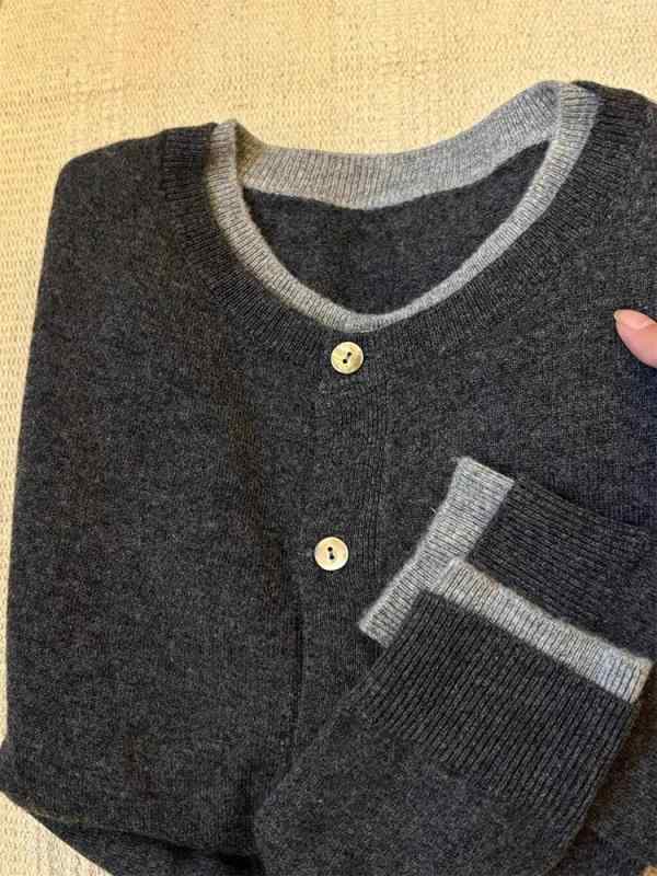 カーディガン レディース 秋 ニット レイヤード コントラストカラー フェイクツーピース トップス 高級感 軽量 伸縮性 普段使い ゆったりシルエット