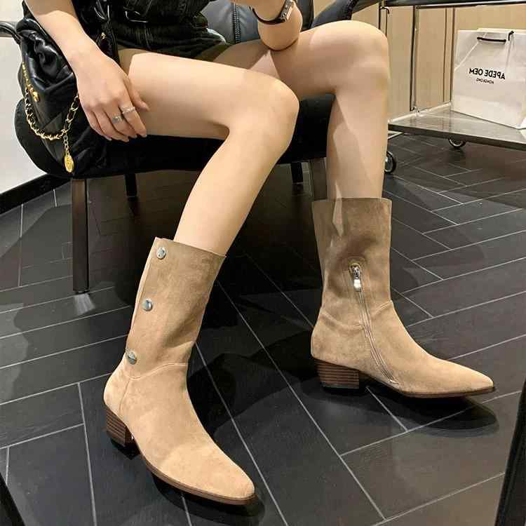女性用 ブーツ ポインテッドトゥ スエード ウェスタン デニム 中丈 ロング 厚底ヒール ライダー ショート プラットフォーム カジュアル 普段使い 5,449円