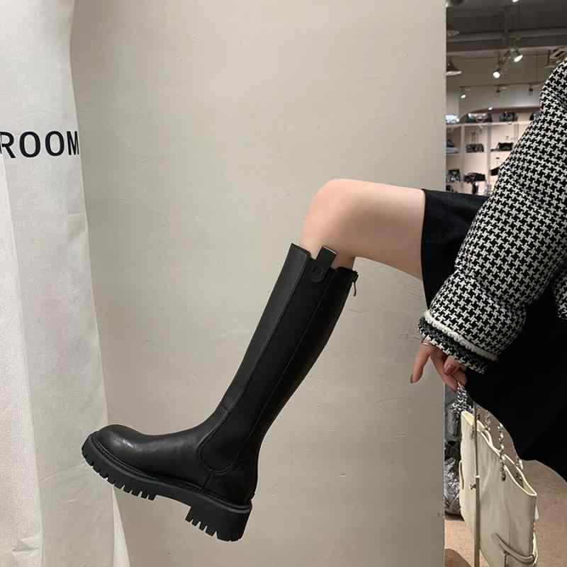 ロングブーツ レディース 秋冬 厚底 ブロックヒール 伸縮素材 チェルシー タイプ 筒型 革 ライダー スタイル カジュアル 普段使い 暖か 防寒 快適 フィット