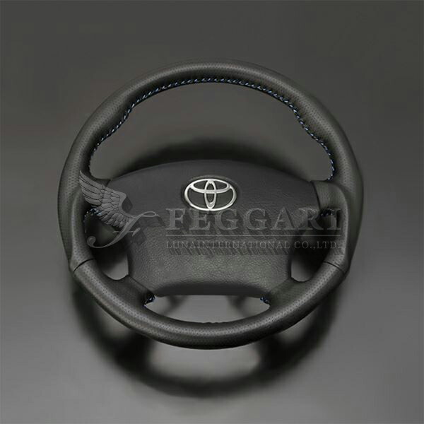 ハイエース/レジアスエース 200系 1～3型 (TRH2##/KDH2##) ダークグレーレザー x ブルーステッチ ガングリップ ウッド パンチング本皮調レザーステアリング 高品質 / フェガーリ FEGGARI LUNA