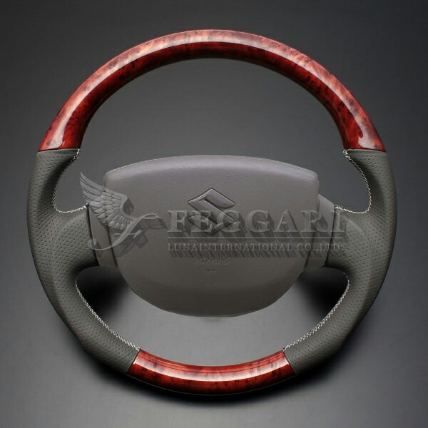 (茶木目×ベージュ×シルバーユーロステッチ) ガングリップ ウッド×パンチング 本皮調 レザーステアリング エブリイバン DA17V系 FEGGARI LSEV-VWDS-001