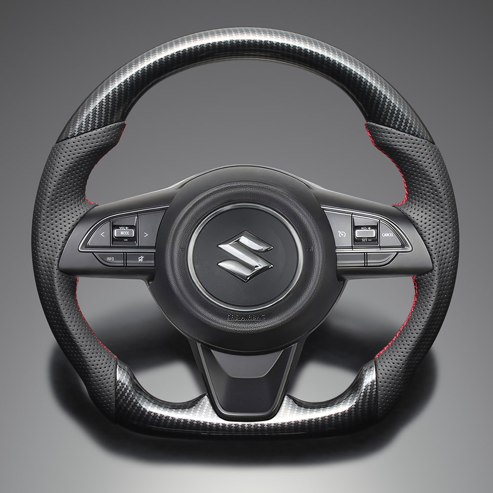 FEGGARI スイフトスポーツ ZC33S ウッド＆レザーステアリング(純正交換) ブラックカーボン調 x PVCレザー(ダークグレー) x レッド ユーロステッチ / LS290 フェガーリ