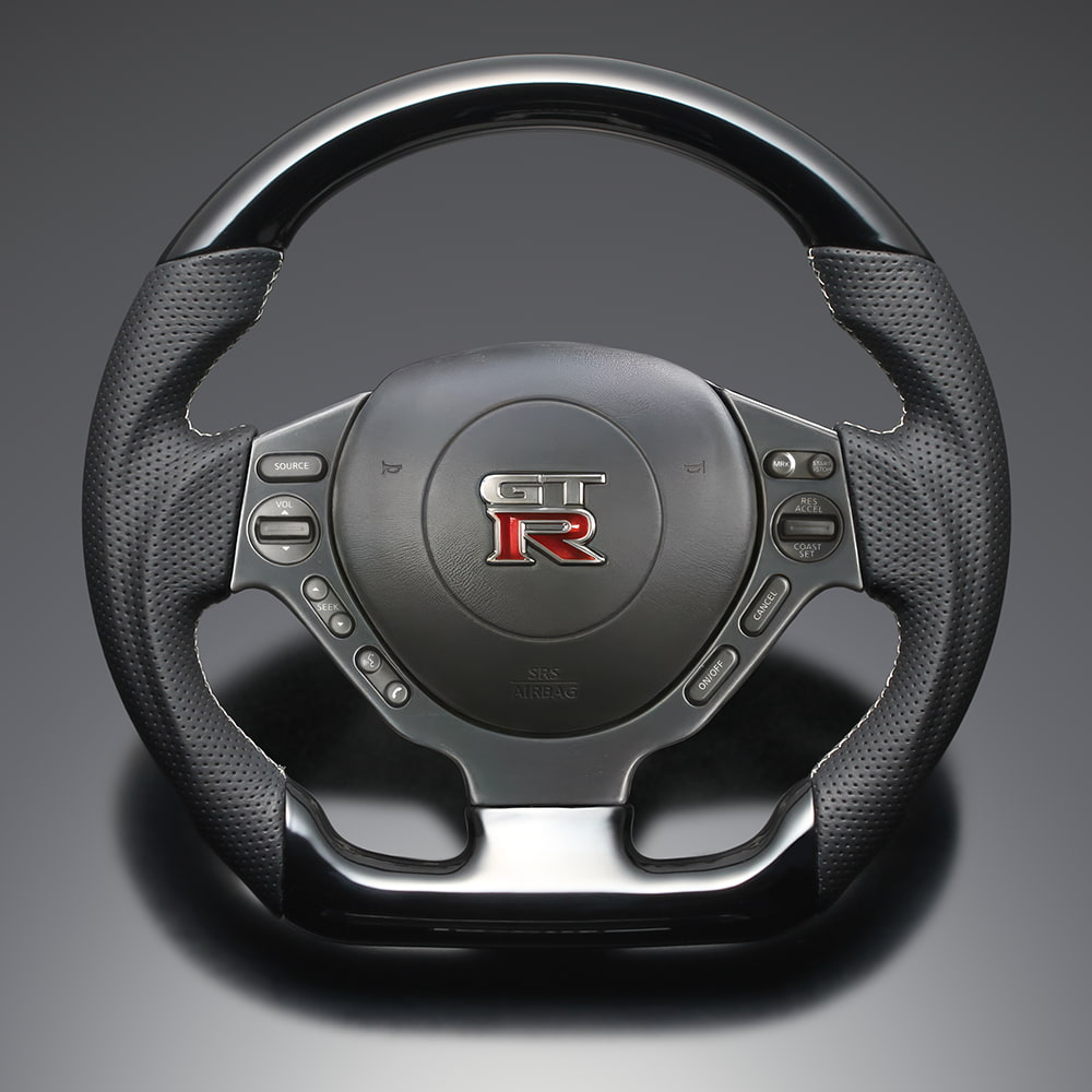 FEGGARI GT-R R35 ウッド＆レザーステアリング(純正交換) ピアノブラック x PVCレザー(ダークグレー) x シルバー ユーロステッチ / LS301 フェガーリ