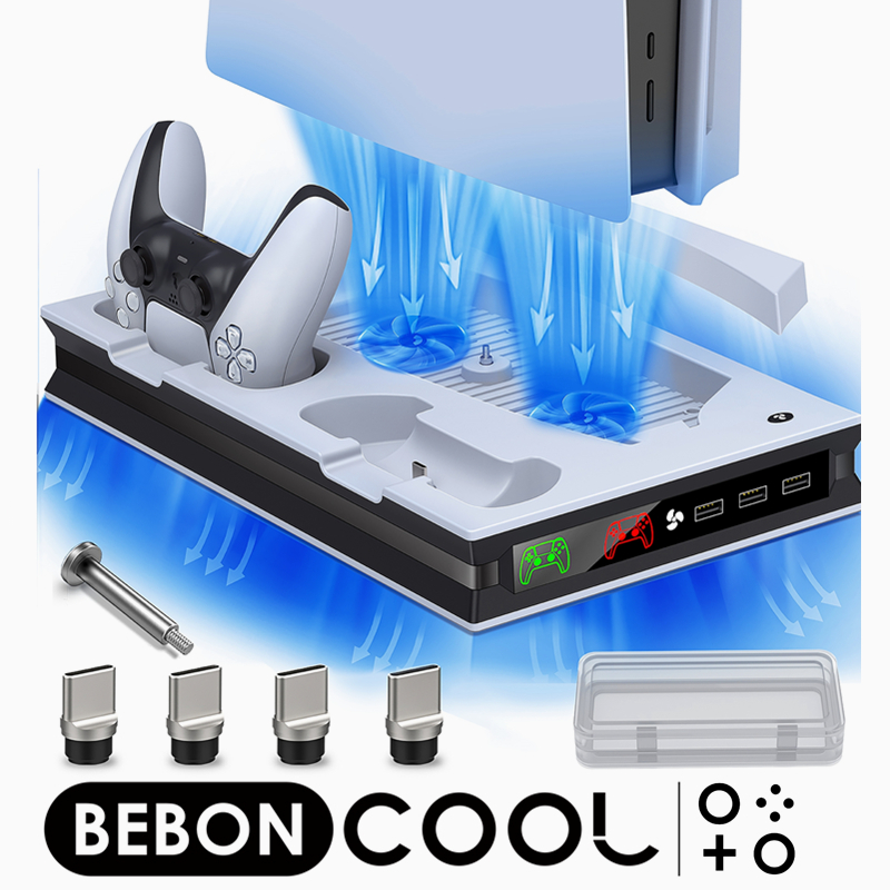 PS5 冷却ファン スタンド 縦置きスタンド BEBONCOOL 冷却パッド 冷却台 2つ冷却ファン搭載 4つドングル付き コントローラー充電  3つ充電端子付き 充電LEDランプ 静音 日本語説明書 1年保証 88％以上節約
