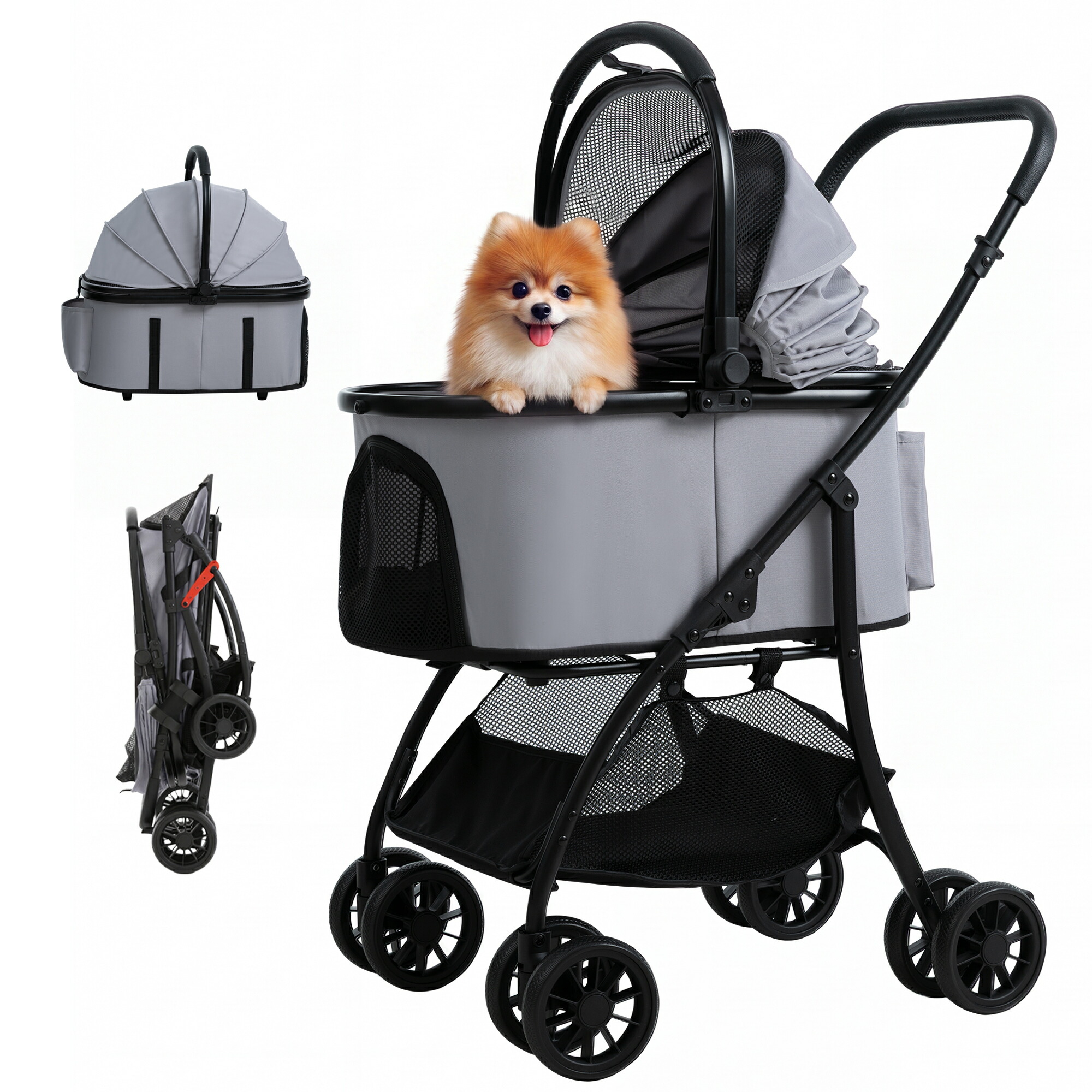 【防水アップグレードPU ハンドル製】TRAIL TAILペットカート 中型犬カート 猫・小型犬ペットバギー 2種折りたたみ 対面式 静音 4輪 PUホイール 前輪360°回転 後輪ブレーキ付 防水600Dオックスフォード生地 (グレー)|MILALOUIS