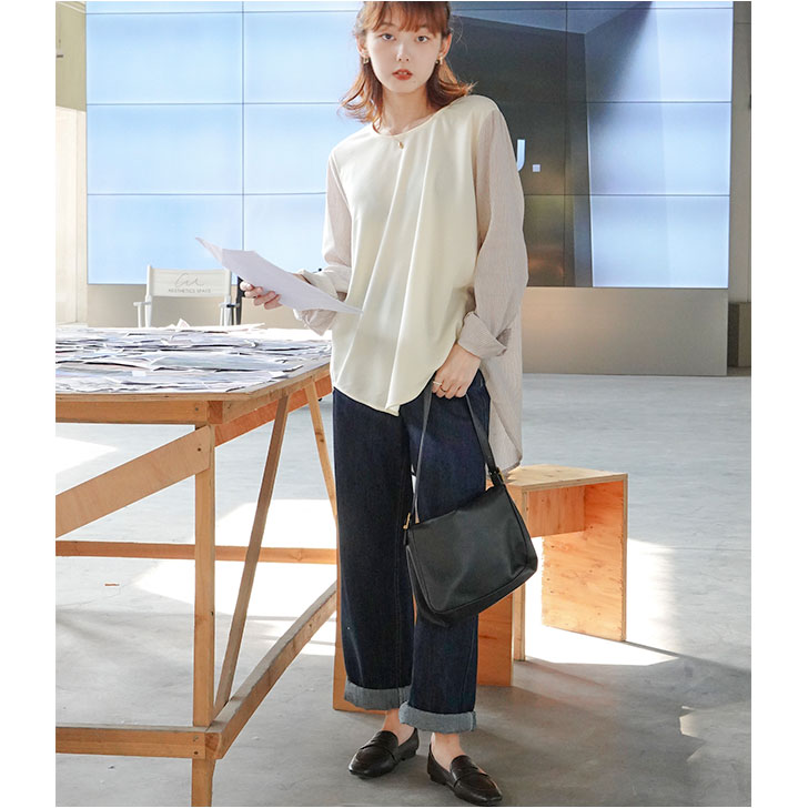 楽天市場 送料無料 64 Off ストライプ柄 切替カットソー ドッキング プルオーバー カットソー ストライプ柄 異素材 体型カバー 長袖 トップス 大人カジュアル コーデ レディース 仕事 黒 春 Ss 175 Felesnoche 全3色 Feles Noche