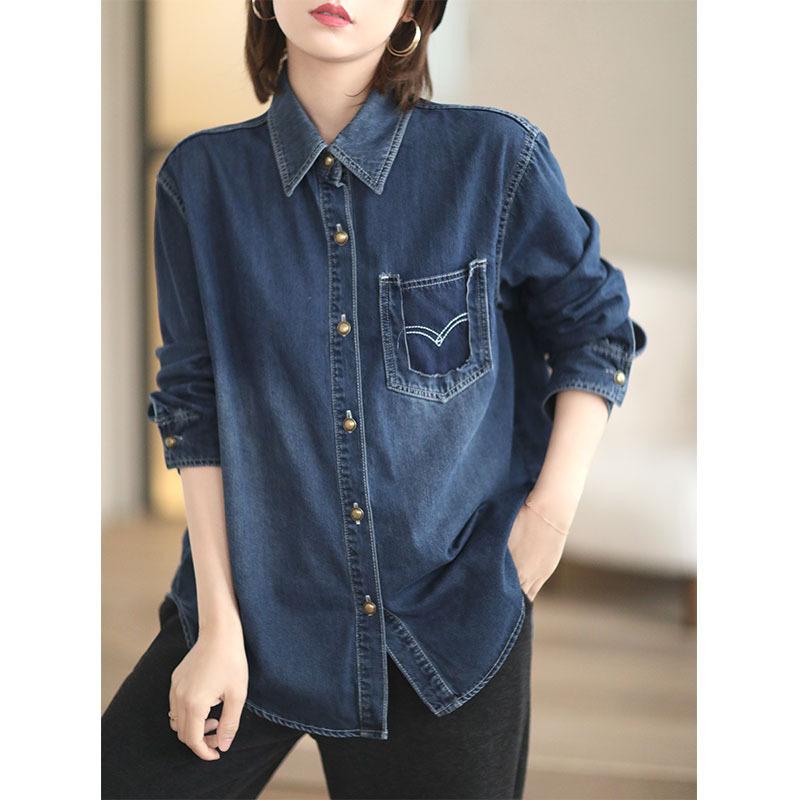 デニム シャツ ブラウス 長袖 青 レディース 春服 ファッション 水洗い 綿 デニムシャツ レディース 長袖 着 痩せ ゆったり カジュアル 感 シャツ 上着