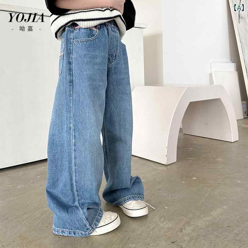 女の子用 ワイドレッグパンツ デニム 春 子供服 ゆったりシルエット 韓国風 普段使い 伸縮性 綿素材 カジュアルスタイル
