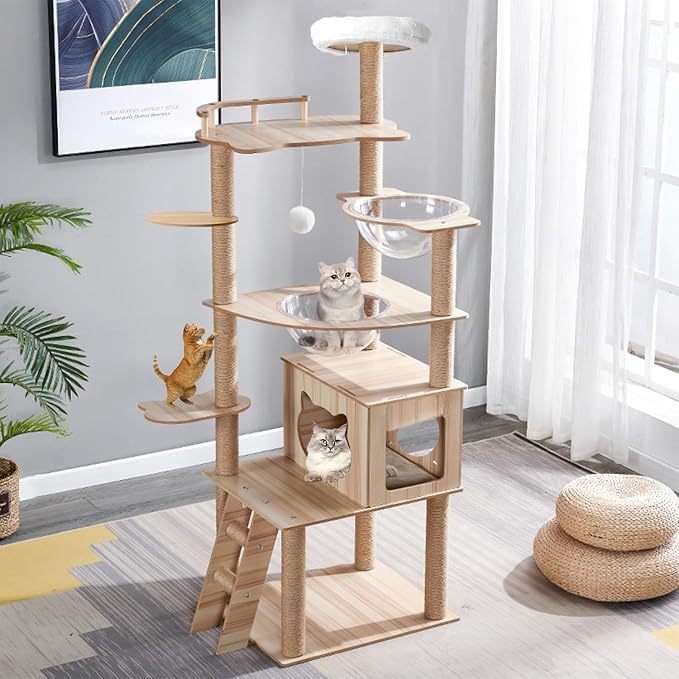 Yinanroa キャットタワー 木製 スリム 宇宙船 省スペース キャットタワー スリム 安定強化構造 大型猫用 多頭飼い 猫タワー 突っ張り 据え置き型 きゃつとタワー 猫爬架 大型猫用 爪とぎ キャ｜felicitastore