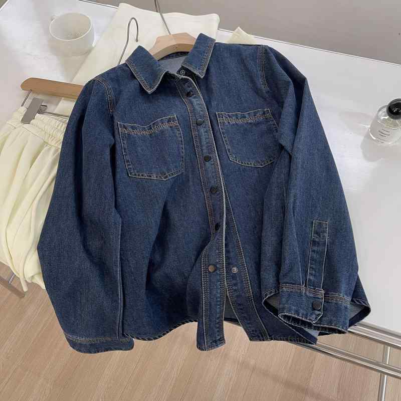 デニム シャツ ブラウス 長袖 青 レディース 重 工 圧 線 水洗 綿 紺色 デニムシャツ 女性 レトロ 通勤 ゆるい カジュアル シャツ コート 春