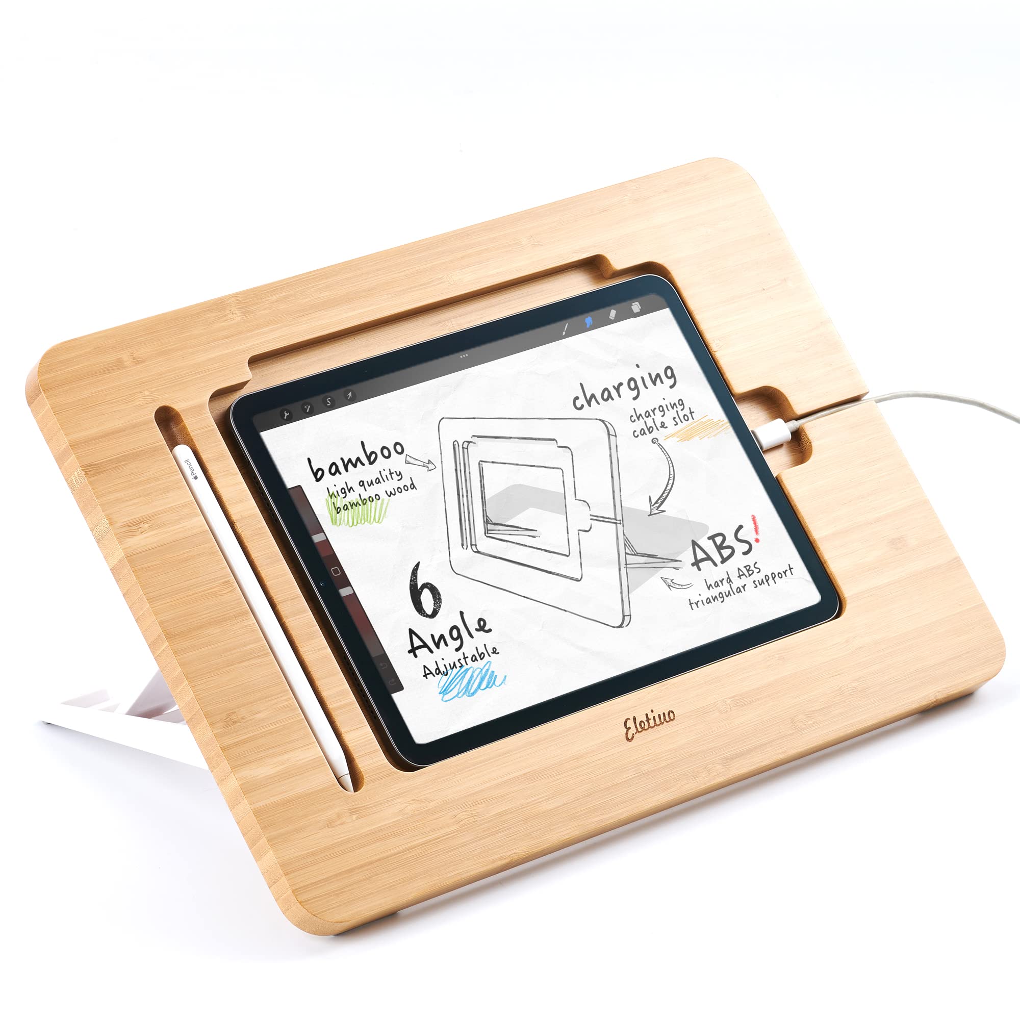 ELETIUO Adjustable Tablet Stand with Pencil&Charger Cable Slot,Upgraded Bamboo Wooden Desk Stand with Multiple Angles,Organizer Desktop Holder for Drawing｜felicitastore