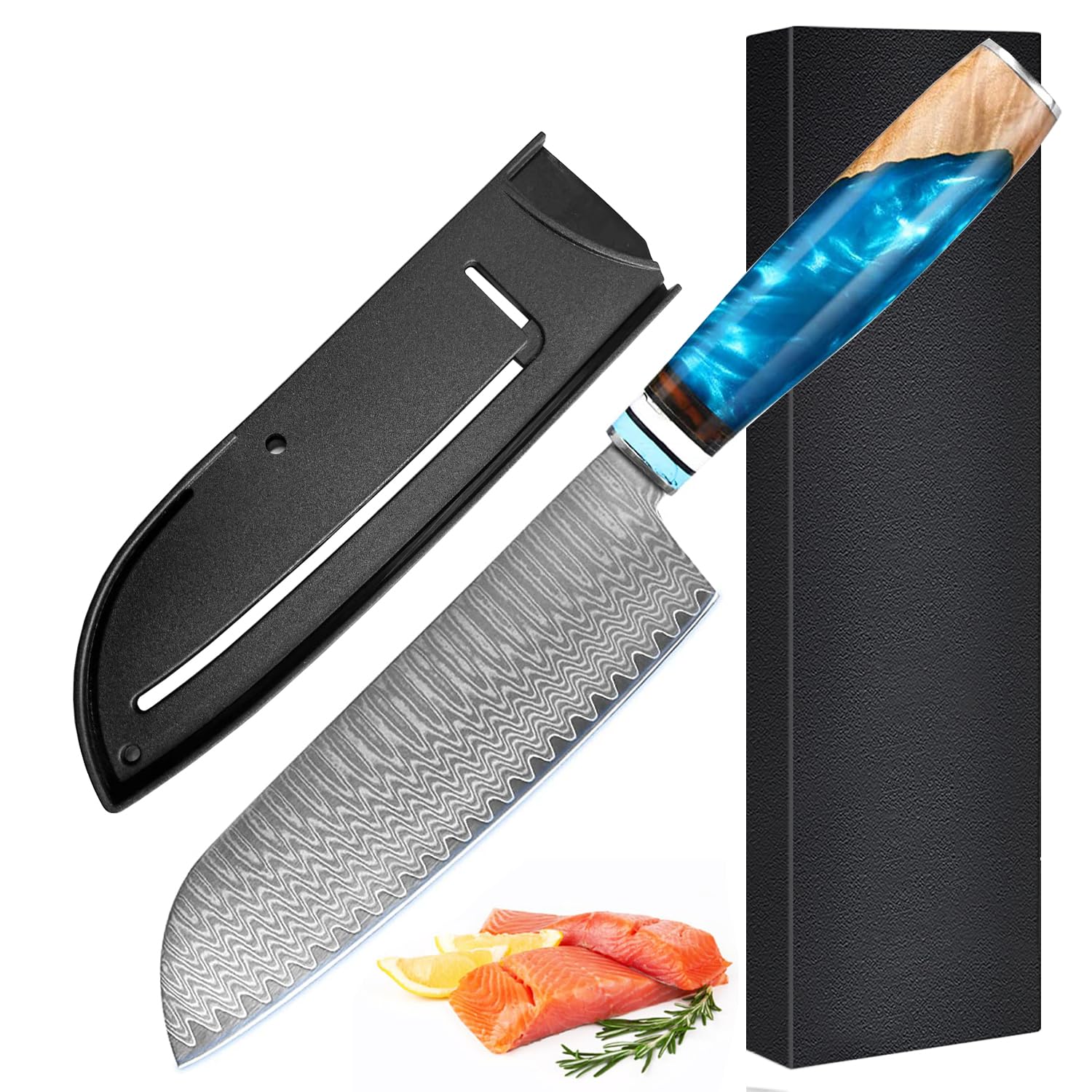 Utaki 両刃ダマスカス・三徳包丁 白波流砂刃紋のダマスカス(VG-10鋼芯) 刃渡り177mm・全長312mm V金10合鋼芯 野菜、肉、魚と何にでも対応｜felicitastore