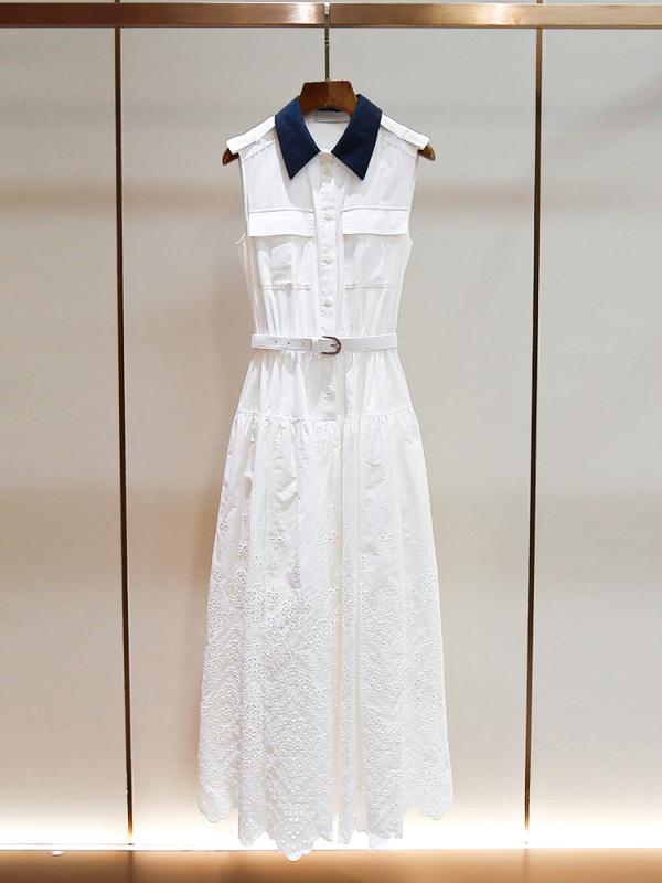 ワンピース レディース 春夏 ノースリーブ コントラストカラー ワーク風 スタンドカラー ポケット Aライン ホロー 刺繍 ソフトシルエット 軽量 吸湿速乾 通勤 普段使い