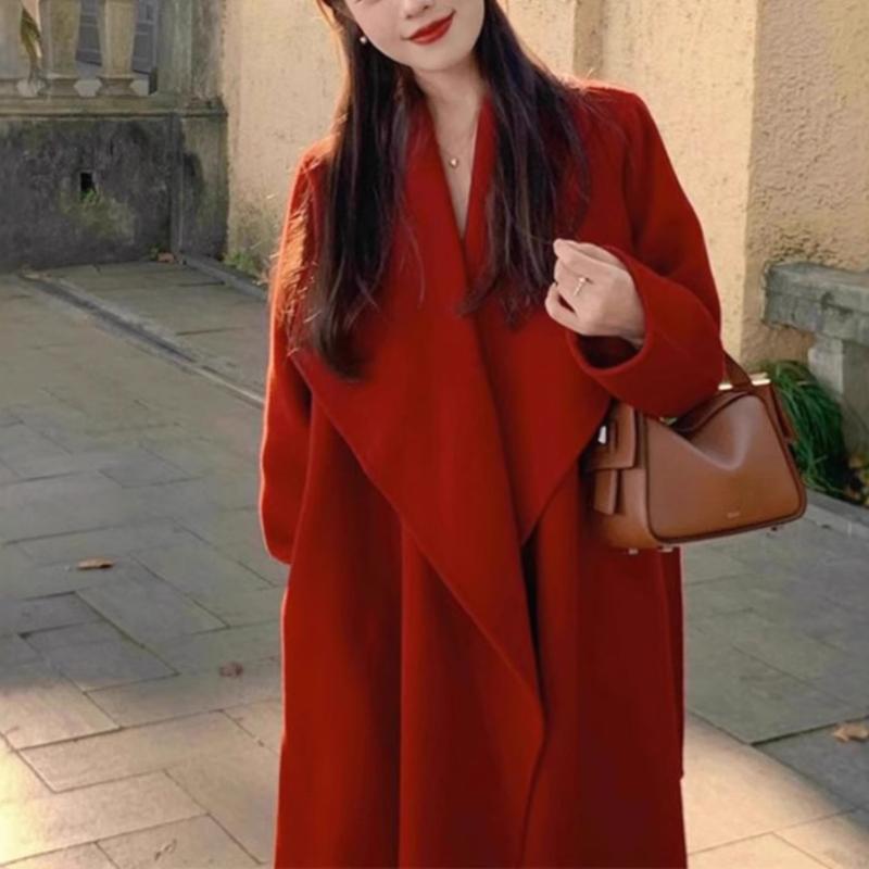 コート レディース 冬 ミドルロング 高級感 赤 カシミア ウール ダブルフェイス 結婚式用 アウター 暖か 軽量