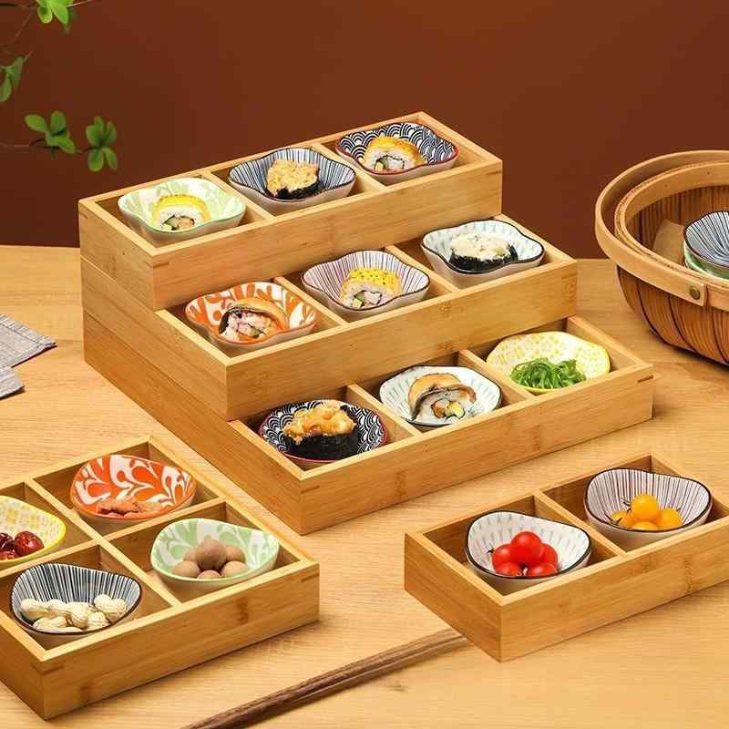 天然竹木 仕切り付き 九宮格 トレイ 茶托盤 点心箱 干果皿 囲炉裏 スタイル 食器 多用途 盛り合わせ 盤