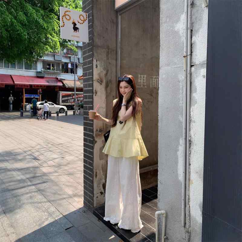 レディース Vネック リバーシブル シャツ レース ワイドパンツ セットアップ 韓国風 デザイン カジュアル コーディネート トップス ボトムス スタイリッシュ ゆったり シルエット 普段使い