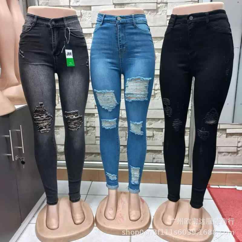 デニムパンツ レディース 伸縮性 ダメージ刺繍 スリムフィット スリムレッグ アメリカンスタイル ロングパンツ コットン混 カジュアル トレンド 日常使い ストリート