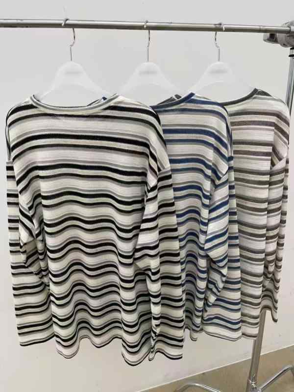 春夏 ニットTシャツ 丸首 ストライプ 切り替え 薄手 軽量 カジュアル トップス 女性用 吸湿速乾 伸縮性 普段使い