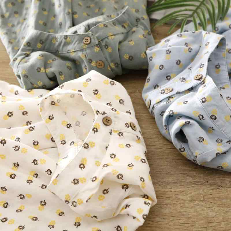 レディース シャツ トップス スタンドカラー ルーズフィット 短袖 プルオーバー 小花柄 プリント 綿素材 二層構造 軽やか 日常使い