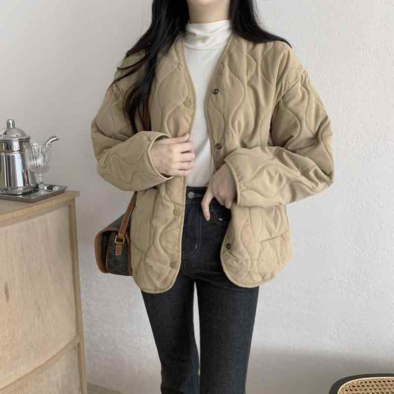 レディース 秋冬 コート Vネック ゆったり 綿素材 レトロ シンプル 大ポケット ボタン 学生用 通学 普段使い カジュアル アウター