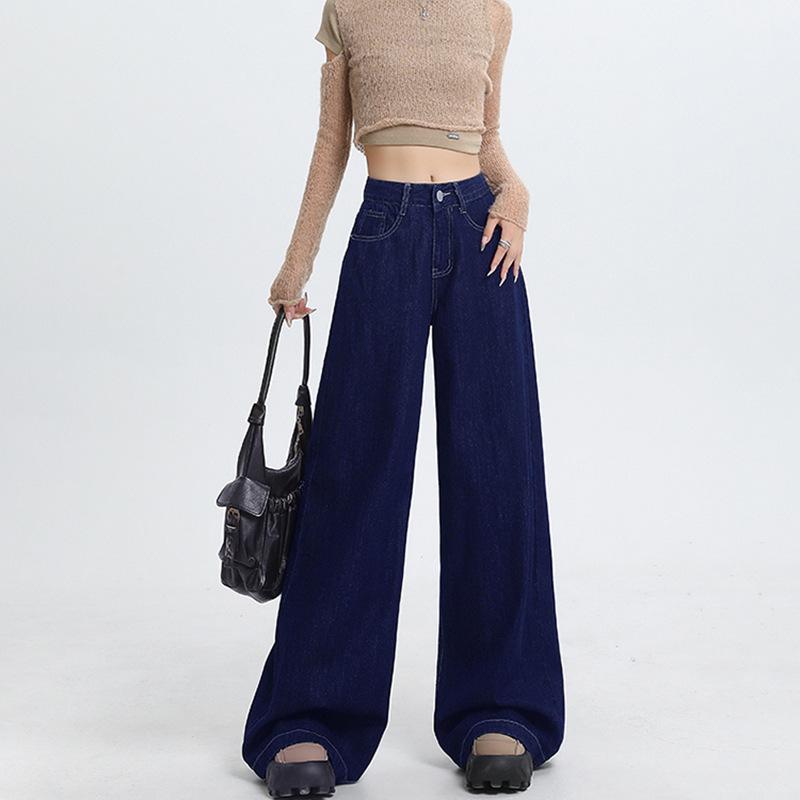 レディース デニムパンツ ワイドレッグ 通勤用 ドレープ感 ストレート ロング丈 春秋 リラックス カジュアル スタイル 快適 ボトムス