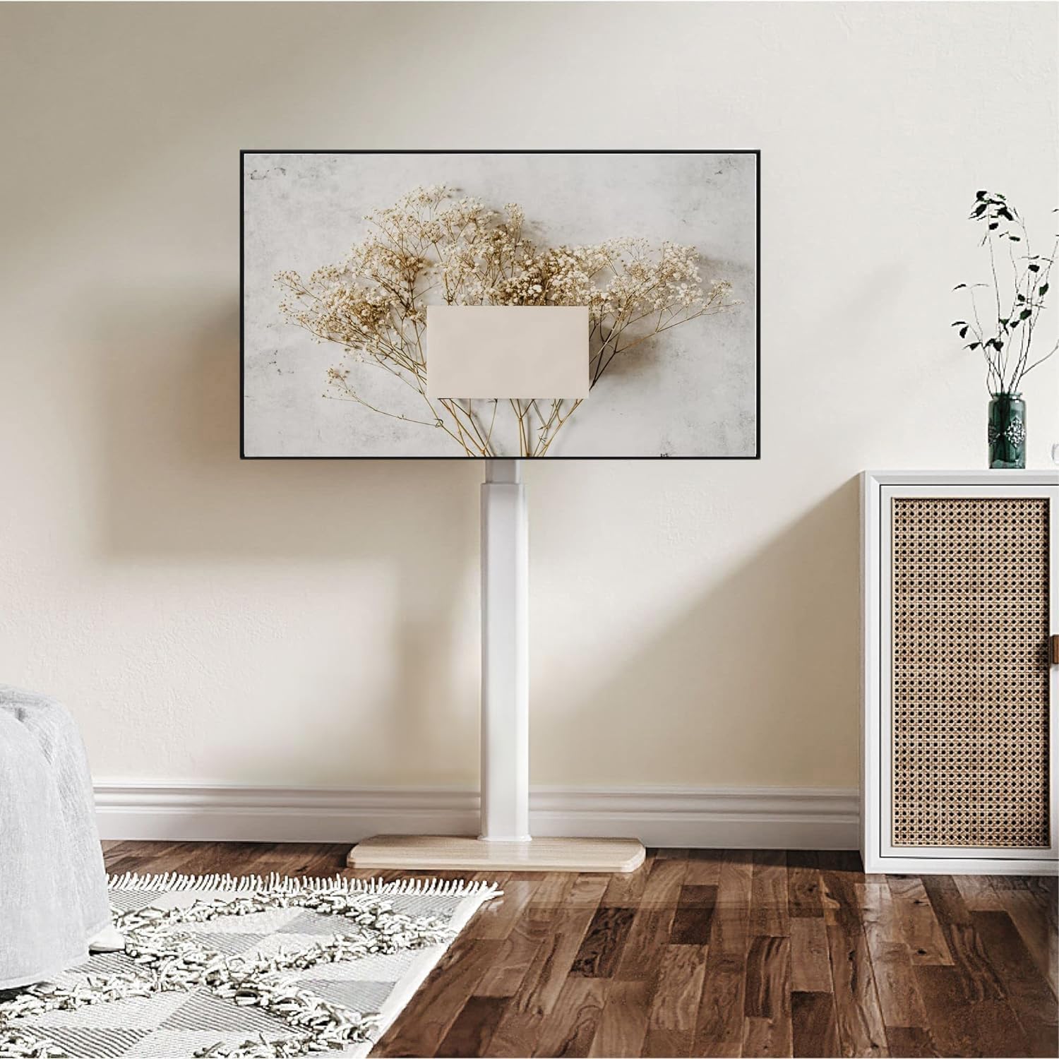 FITUEYES テレビスタンド ハイタイプ tvスタンド 32~70インチに対応 壁寄せ テレビ台 幅60cmの木製台座 耐荷重40kg VESA600x400mmまで 高さ調整可能 左右首振り可能 木目調 ホワイト｜felicitastore