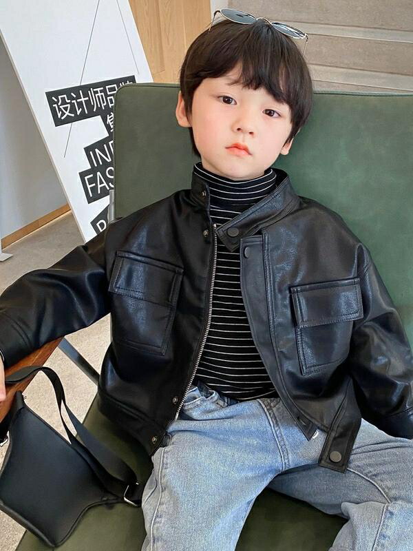 新生活 気楽 韓国子供衣服 男らしい PUレザーキッズ ライダース フェイクレザー ノーカラー ライダースジャケット 男の子 アウター コート 子供服 こども 子ども 防寒 暖かい 80-140CM