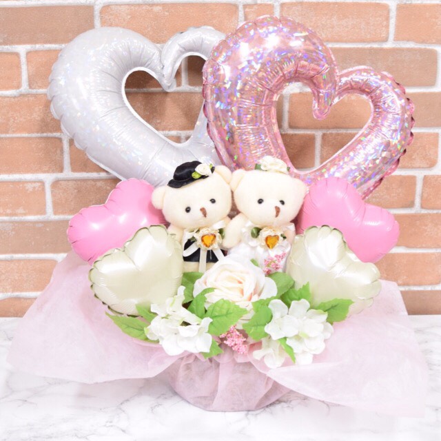 ぬいぐるみ付Ｗチェーンハートバルーンギフト（ピンク）【結婚式 バルーン 二次会 記念日 イベント 贈り物 メッセージ ハート 風船 造花 メッセージカード 送料無料】