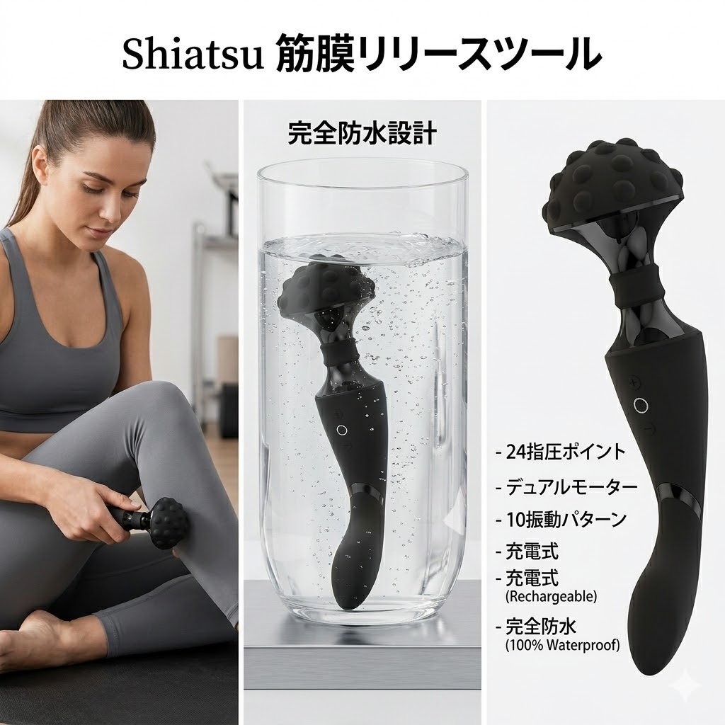 プライバシー梱包　筋膜リリース 電動マッサージ器 Shiatsu シアツ ダブルモーター ハンディマッサージャー 24点指圧ポイント 10パターン振動 柔軟ヘッド 防水 シリコン USB充電 美容家電 健康雑貨｜オアシス商事