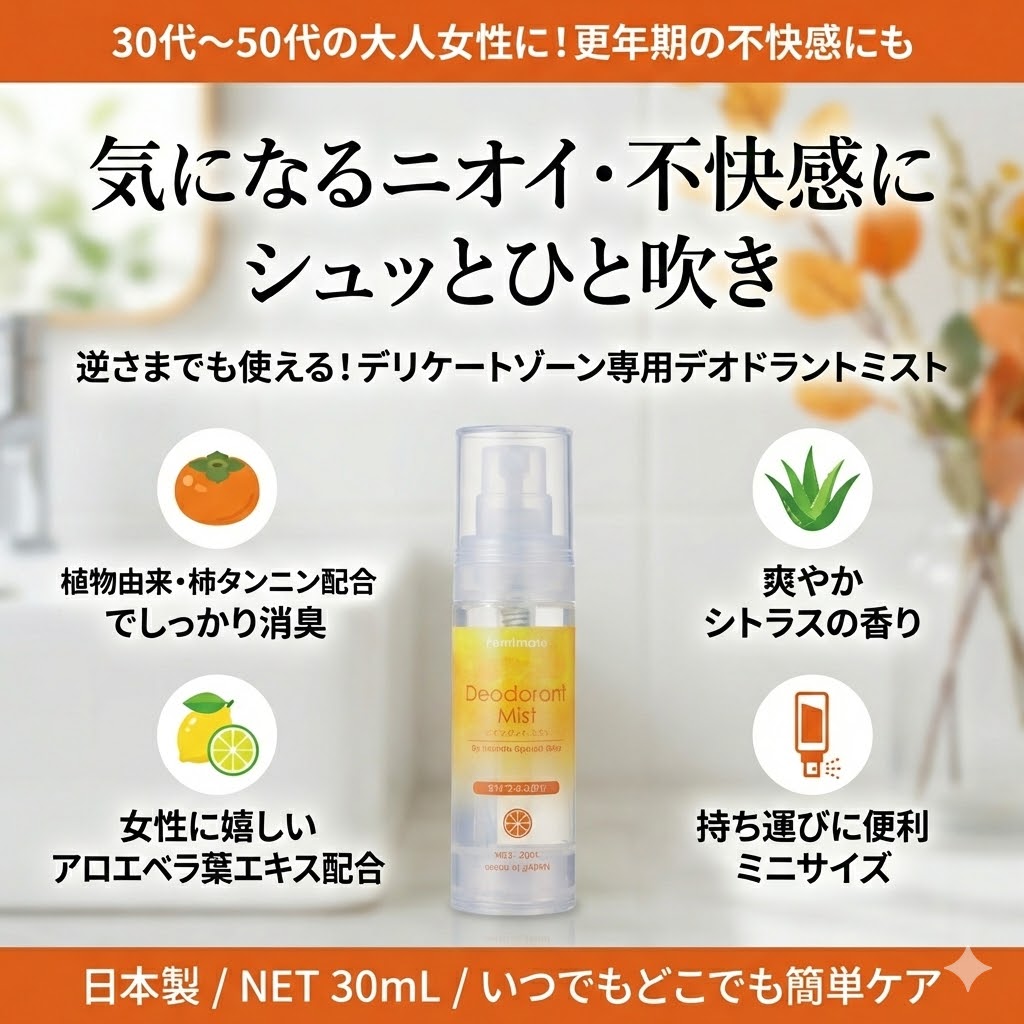 プライバシー梱包デリケートゾーン ミスト 30ml フェミメイト デオドラント シトラス 匂い ケア スプレー 柿タンニン アロエ ヨモギ 植物由来 保湿 逆さまで使える エアレスボトル 持ち運び 日本製 フェムケア Femimate