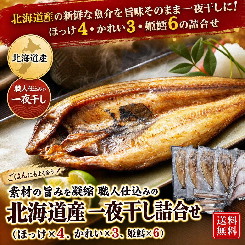 【送料無料】 旨み凝縮! 北海道産 一夜干し 詰め合わせ 3種 13尾 (ほっけ かれい 姫鱈) 干物 ひもの 酒のつまみ 晩酌 贅沢 おかず ご褒美 海鮮 お取り寄せ 冷凍 アテ 日本酒 焼酎 ビール に合う|オアシス商事