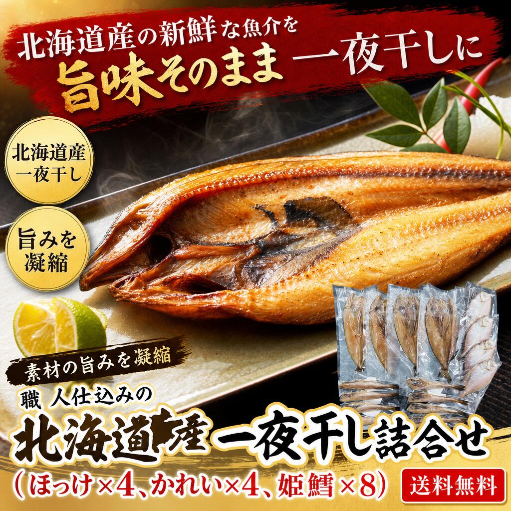 【送料無料】 旨み凝縮! 北海道産 一夜干し 詰め合わせ 3種 16尾 (ほっけ かれい 姫鱈) 干物 ひもの 酒のつまみ 晩酌 贅沢 おかず ご褒美 海鮮 お取り寄せ 冷凍 アテ 日本酒 焼酎 ビール に合う|オアシス商事