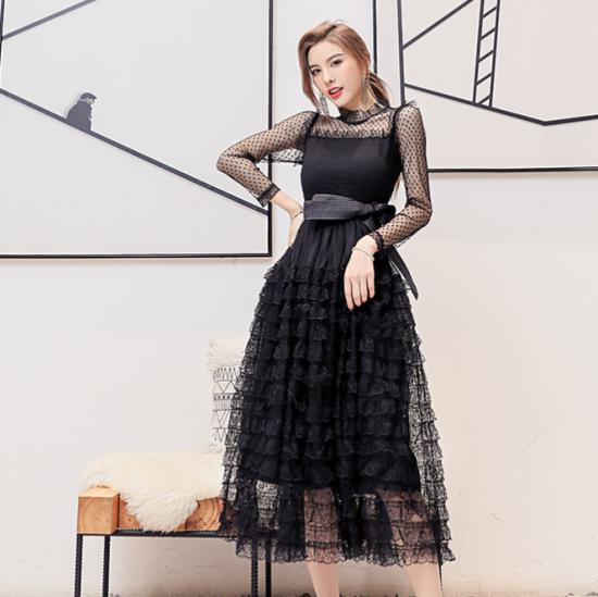 【取寄】ワンピース 秋 きれいめ レディース 長袖 大きいサイズ XL 黒 ブラック フォーマル 二次会 結婚式 お呼ばれ ドレス ハイウエスト パーティードレス 同窓会 リボン ウエストリボン おしゃれ レース フリル おしゃれ かわいい イブニングドレス 切り替え 水玉 ドット柄