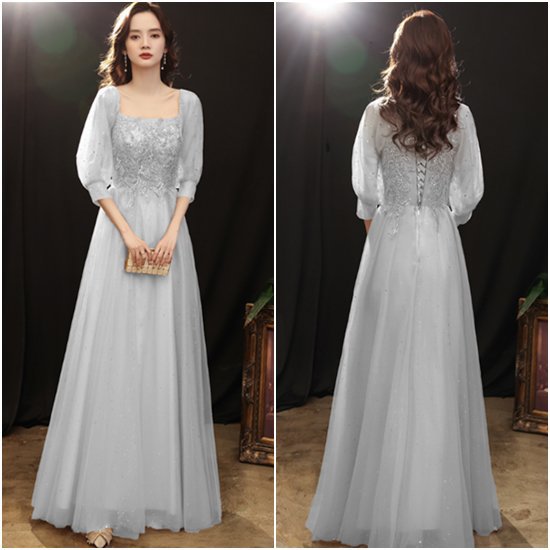 【取寄】演奏会ドレス 結婚式ドレス ロングドレス 大きいサイズ XL-5XL スクエアネック 半袖 Aラインスカート スリムフィット エレガント 体型カバー スパンコール お呼ばれ フォーマル きれいめ