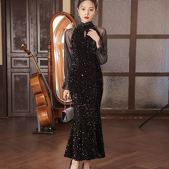 【取寄】結婚式ドレス ロング丈 シースルー ハイネック 長袖 発表会 演奏会 レディース 結婚式 ステージ衣装 エレガント ウエディングドレス カラードレス イブニングドレス キラキラ