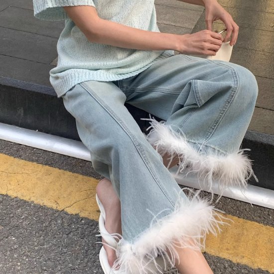【取寄】デニムパンツ 羽根 大きいサイズ レディース ジーンズ デニム ジーパン ボトムス ハイウエスト ロング ストレート ライトブルー 女子会 デート アウトドア お出かけ プール 20代 30代 春 夏