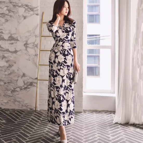 美品ストレッチ【リナシメント】カシュクール ラップワンピース ドレス 総柄 暖色 楽天市場】Vネック カシュクール ロングワンピース 七分袖