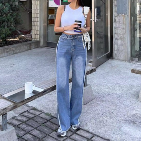 【取寄】デニムパンツ レディース ボトムス パンツ ロングパンツ ジーパン 長ズボン カジュアルパンツ ワイドパンツ ハイウエスト ジッパー お出かけ おしゃれ シンプル 無地 ファッション ステッチ 女性