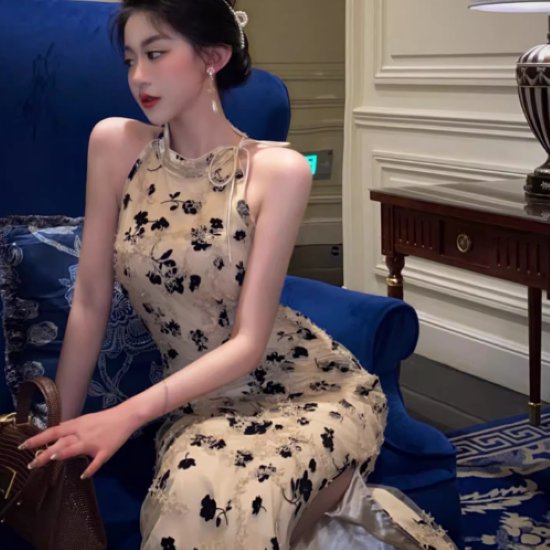 【取寄】パーティードレス レディース 結婚式ドレス 演奏会ドレス ワンピースドレス ミドル丈 ノースリーブ 花柄 フラワー 刺繍 スリット チャイナドレス風 きれいめ エレガント お呼ばれ フォーマル 女性