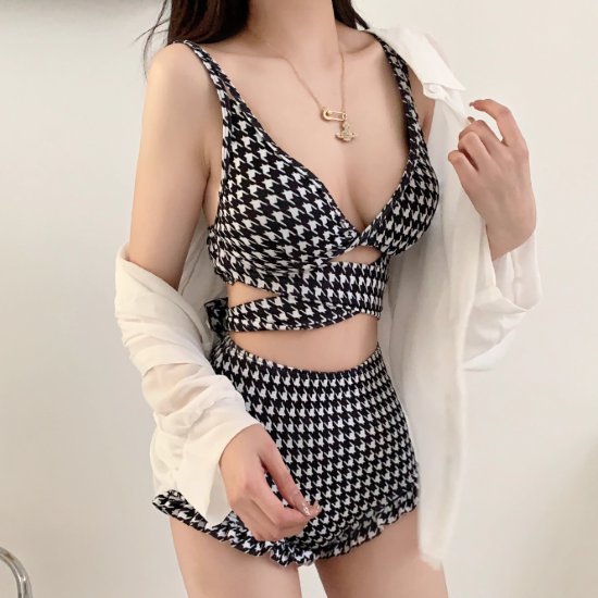 【取寄】ビキニ レディース 水着 セパレート 上下セット 千鳥格子柄 フリル ショートパンツ ハイウエスト ホルターネック バックリボン クロスデザイン スイムウェア ビーチウェア 海 夏 バカンス プール