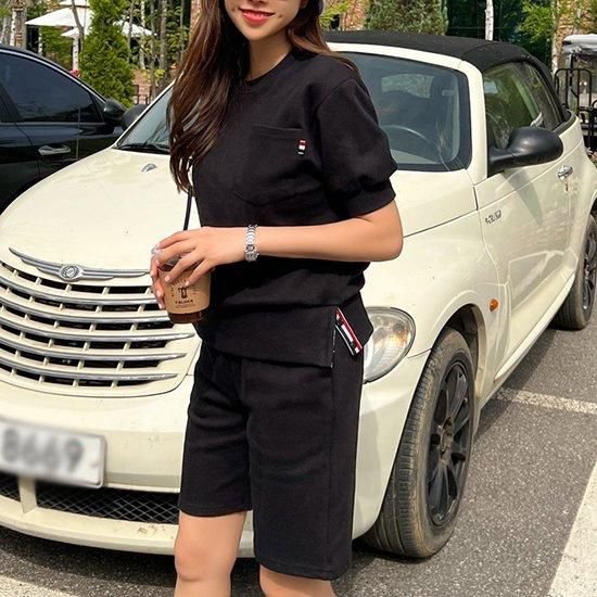 【取寄】セットアップ レディース スウェット ハーフパンツ コットン Tシャツ ショート カジュアル ルームウェア 夏 大きいサイズ 運動用 ジム 春夏 カジュアルウェア 上下 半袖 スリット クラシック