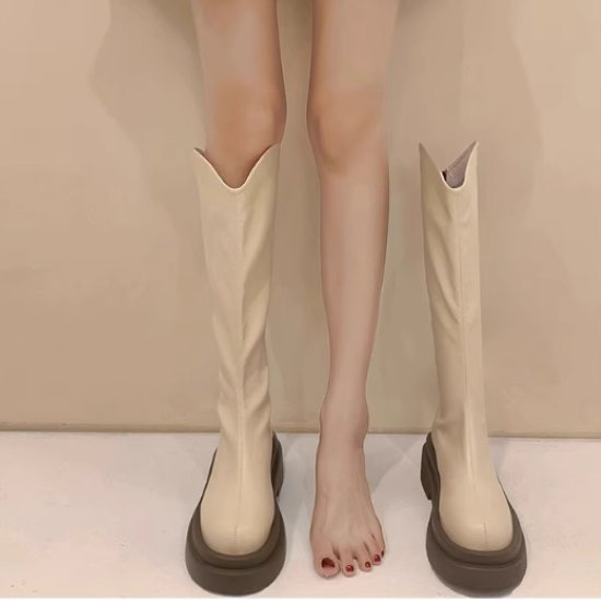【取寄】厚底ブーツ レディース 靴 シューズ ブーツ ロングブーツ シンプル 無地 バックジッパー V字カット 美脚 脚長 カジュアル お出かけ おしゃれ 履きやすい 疲れにくい 歩きやすい ファッション
