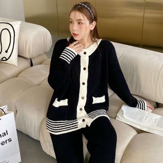 【取寄】ルームウェア レディース パジャマ ホームウェア おうち服 ふわふわ もこもこ 暖かい 秋冬 バイカラー コントラストカラー フロントボタン シンプル 無地 ゆったり リラックス 部屋着 室内着