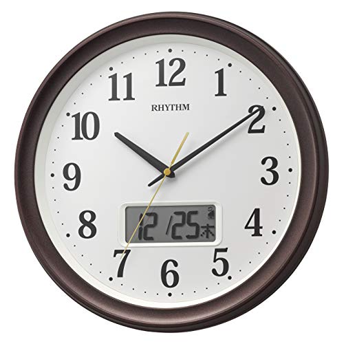 リズム(RHYTHM) 掛け時計 電波時計 アナログ デジタル 連続秒針 温度 湿度 カレンダー 茶色 Φ32.5x5cm 8FYA02SR06｜フェスタール