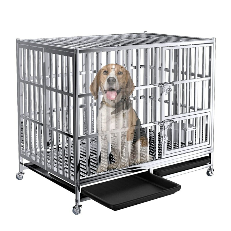 ペットケージ 大中型犬用 キャスター付き 金属製で頑丈 ロック付き 折りたたみ式 サークルトレー付き 大型 小型 中型犬クレートおしゃれ 鉄製 ステンレス鋼 147cm×95cm×117cm|FFCHEER店