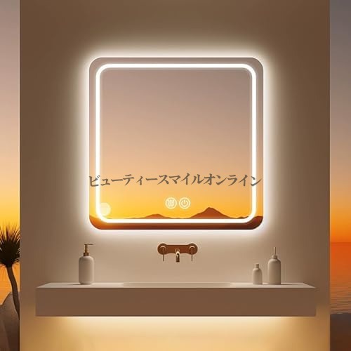 LED照明付き 壁掛け鏡 浴室用 洗面ミラー 50&times;50cm 明るさ調節可能 女優ミラー風 北欧風デザイン 防霧機能 玄関洗面所トイレ対応 省スペース 高級感溢れる スマートミラー 装飾用ウォールミラー 家庭用業務用兼用｜FFCHEER店