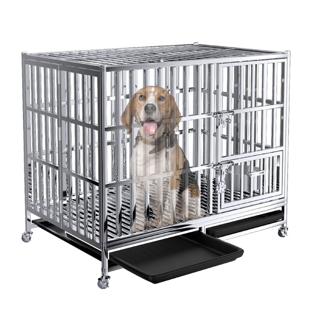 大型中型犬用 ケージ キャスター付き 金属製 頑丈 ロック機能 折りたたみ可能 サークルトレー付 147×95×117cm ステンレス鋼 鉄製 おしゃれ|FFCHEER店