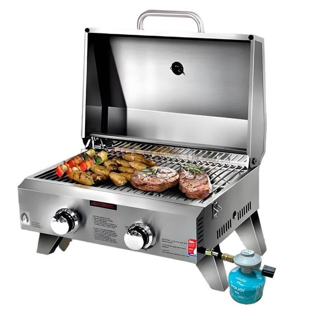 BBQガスグリル、ステンレススチール ポータブルフラットトップBBQクッカー、24000BTU商用、スチールシールド付き無煙ガスプロパングリルは、アウトドア/キャンプ/ピクニック用グリル (銀)｜FFCHEER店