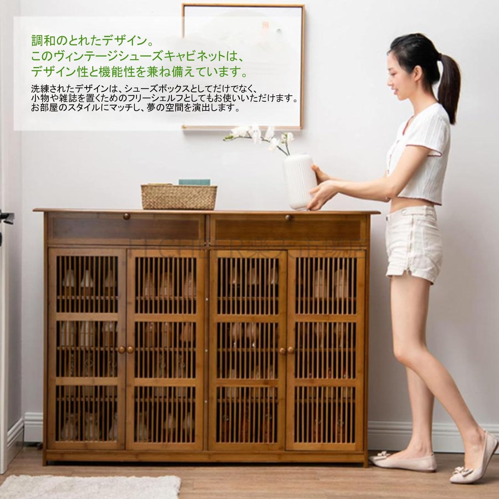 シューズボックス 下駄箱 幅65/100/130cm 天然竹製 フェンス付きキャビネットドア 靴箱 大容量 通気性 式 2/3/4扉タイプ 玄関収納 スリム 薄型 省スペース 靴 収納 消臭 シューズラック 靴棚 靴置き靴収納ラック オーバーヘッドストレージ|FFCHEER店