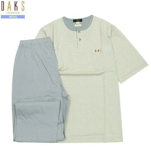 Sale大特価 Daks ダックス 日本製 ボーダー ヘンリーネック 紳士パジャマ 半袖 長ズボン 灰黄色 21 6 4 Daicelssa Az Com